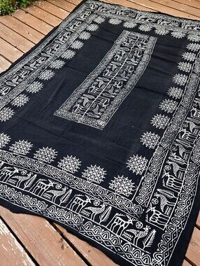 Hittite Pattern Anatolian Hand-Block Print Bed Tablecloth Tapestry Black & White